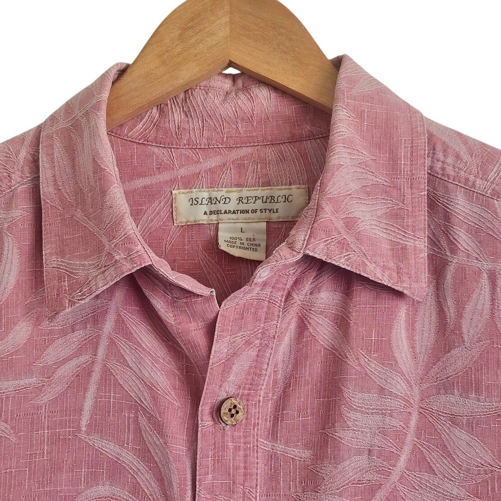 Island Republic 100% Silk Pink Palm Hawaiian Shirt Men's L Resort Lightweight